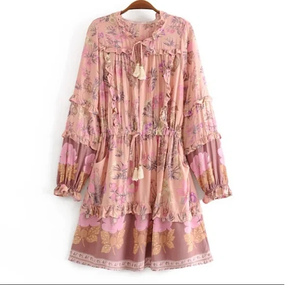 SOLD OUT Boho Gypsy Floral Long Sleeve Ruffle Mini Dress - Picture 7 of 10